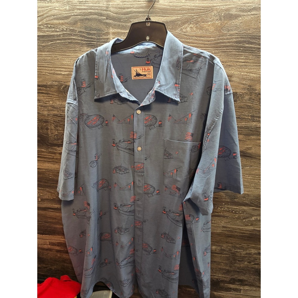 Huk Fishing Mens 3XL Blue Graphic Button Down‎ Shirt Fishing BBQ Flag Print
